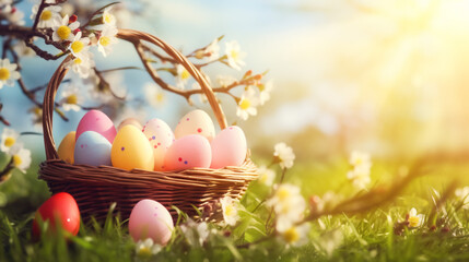 Fototapeta na wymiar Colorful Easter eggs in wicker basket on green grass outdoors