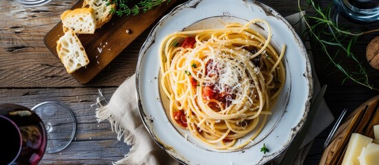A plate of truffled spaghetti covered in savory sauce and sprinkled with freshly grated parmesan cheese. The dish is accompanied by crunchy wine grissini, all displayed on a rustic wooden table.