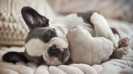 A close-up of a French bulldog puppy sleeping with its head resting on a small, heart-shaped off white pillow