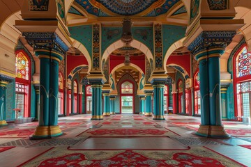 Fototapeta na wymiar The Vibrant Color of Shah Alam Mosque Salahuddin Abdul Aziz Shah mosque during dramatic, copy space - generative ai