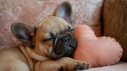 A close-up of a French bulldog puppy sleeping with its head resting on a small, heart-shaped light pink pillow