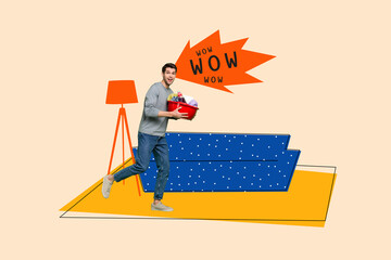 Collage creative poster illustration happy excited enjoy man hurry clean house domestic exclusive...