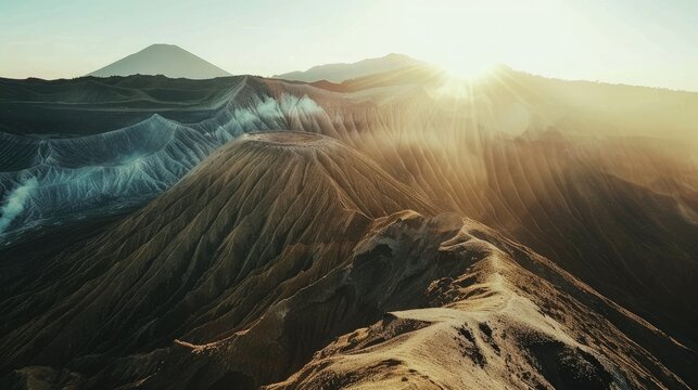 A close-up of Bromo's crater at sunrise, with the sun's rays highlighting the textures 