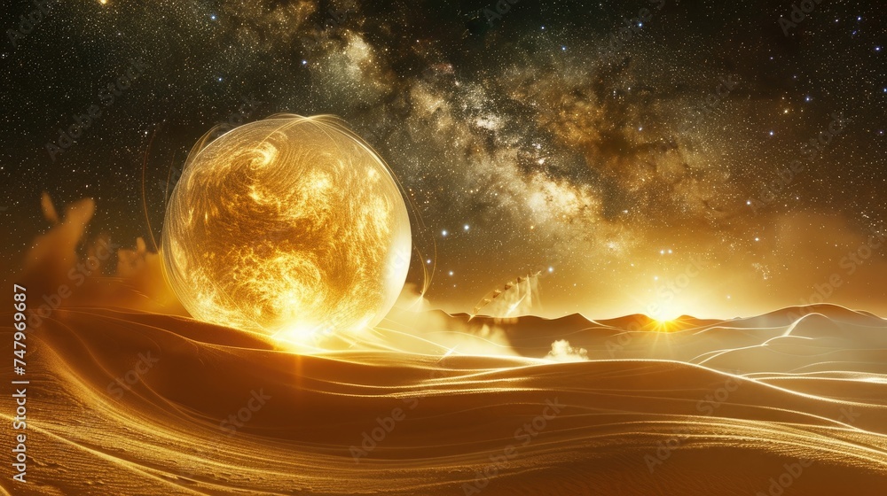 Poster a close-up on the surface of a desert with a light sphere illuminating the intricate textures of the