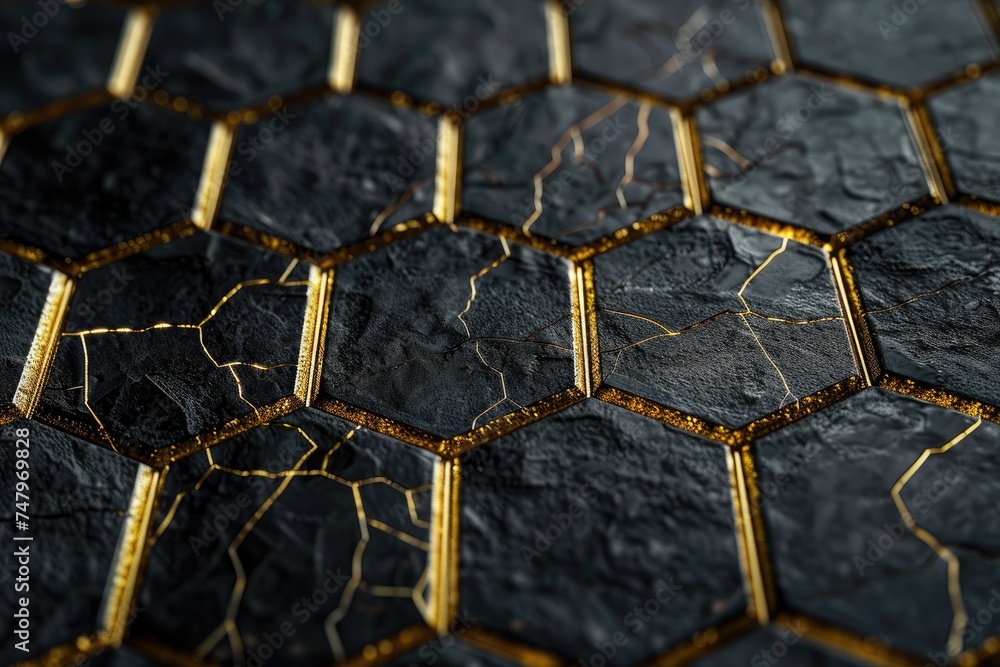 Poster an up-close look at a black metal surface covered in a hexagonal pattern, featuring golden lines wov