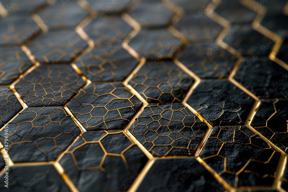 Poster a close-up view of a black metal surface with a hexagonal pattern, where golden lines run like veins