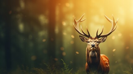 Majestic deer grazing in the blurred forest background with space for text, wildlife photography