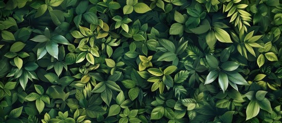 A detailed view of a lush green wall covered in various leaves and natural foliage, creating a vibrant and textured background.