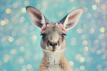 Australia new year. photo of a kangaroo wearing a headband. portrait of a kangaroo on a blue pastel...