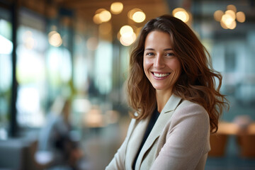 Obraz premium Photo of a successful businesswoman with a warm and friendly smile, wearing light and fashionable business attire in an open and airy office environment