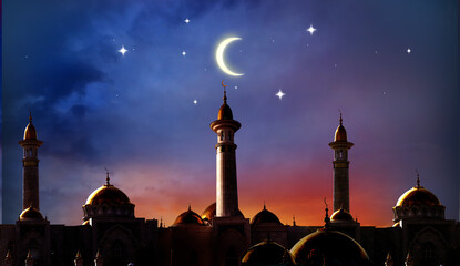 Ramadan Kareem background.Crescent moon at a top of a mosque.Islamic greeting  Eid Mubarak cards for Muslim Holidays.Eid-Ul-Adha festival celebration