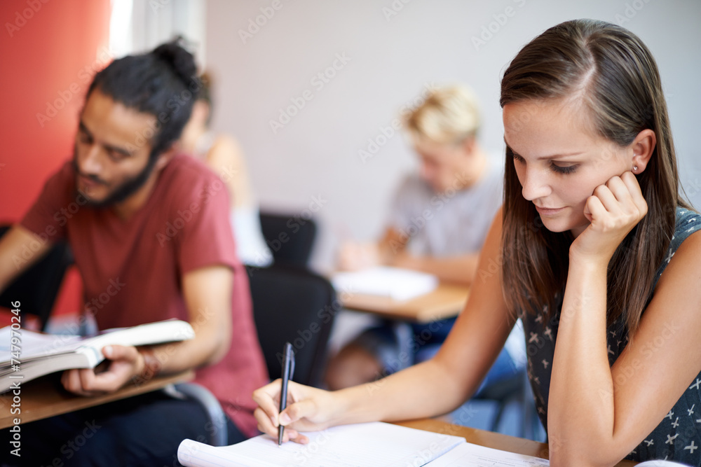 Poster Woman, writing and class in college, learning and knowledge on campus for education. Student, female person and notes for information in book, planning and research for studying or revision for exams