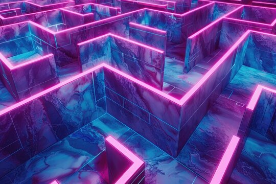 A complex marble pattern that forms a labyrinthine maze, illuminated by sharp neon lines 
