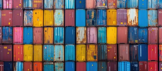 A busy shipping terminal showcases a large number of colorful containers stacked together, creating a vibrant and organized spectacle. The containers vary in size, shape, and color, forming a striking - obrazy, fototapety, plakaty