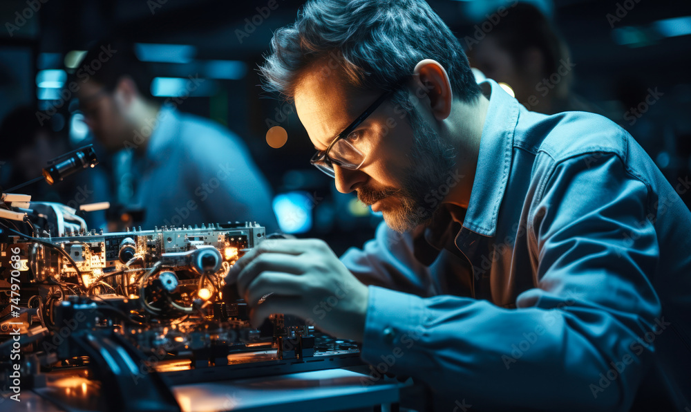 Poster focused engineer intently working on advanced robotic arm assembly in high tech development laborato