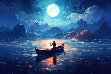 night scenery of a man rowing a boat