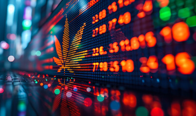 Stock market display with cannabis leaf symbol representing the rise of marijuana industry investments and market trends in the financial sector - obrazy, fototapety, plakaty