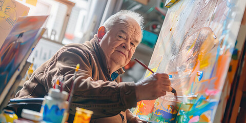 Elderly man with Down syndrome painting a picture in his studio. Learning Disability