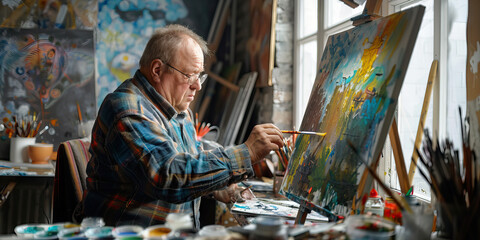 Elderly man with Down syndrome painting a picture in his studio. Learning Disability