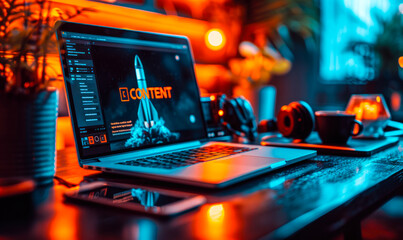Digital content creation concept with a rocket launch graphic on a laptop screen, indicating dynamic content marketing, with a coffee cup and earphones on a desk