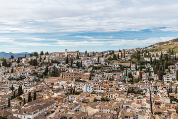 Aerial view of the Albaicin in Granada, one of the oldest districts in the city, with its historic monuments and traditional houses. - 747970678