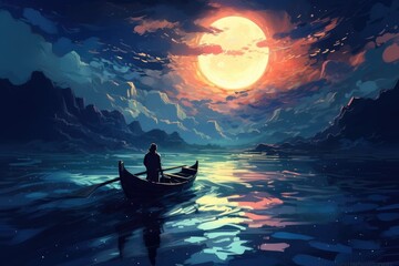night scenery of a man rowing a boat - obrazy, fototapety, plakaty