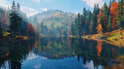 Foto op Plexiglas A crisp autumn day at a high-altitude lake, surrounded by forests  © Muhammad