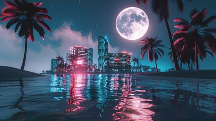 "A futuristic cityscape on a remote island, bathed in the glow of neon lights under a full moon, with sleek skyscrapers reflecting on the calm ocean waters." 8k