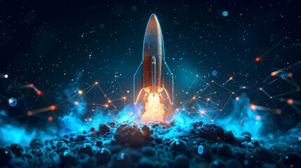Startup team launching rocket with blockchain technology blue flame trail - obrazy, fototapety, plakaty