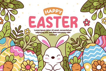 Happy easter vector template with colorful eggs, bunny, and flowers