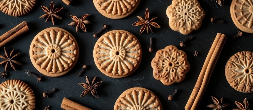 A table is covered with a variety of linzer cookies containing vanilla beans, alongside cinnamon sticks placed on top. The black canvas background adds a contrast to the warm tones of the cookies and