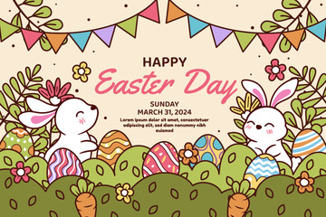 Happy easter vector template with colorful eggs, bunny, and flowers