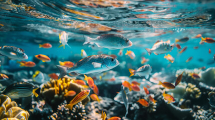 vue sous-marine d'un ban de poissons exotique dans les eaux peu profonde de la barrière de corail