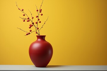 a red vase with a branch in it