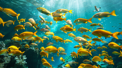 Obraz na płótnie Canvas vue sous-marine d'un ban de poissons exotique dans les eaux peu profonde de la barrière de corail