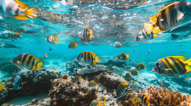 vue sous-marine d'un ban de poissons exotique dans les eaux peu profonde de la barri&egrave;re de corail
