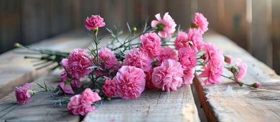 Numerous pink carnations are arranged neatly on top of a weathered wooden bench, creating a vibrant and charming floral display.