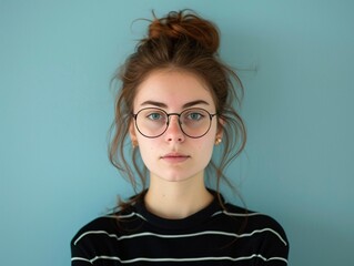 a woman with glasses and a bun - obrazy, fototapety, plakaty