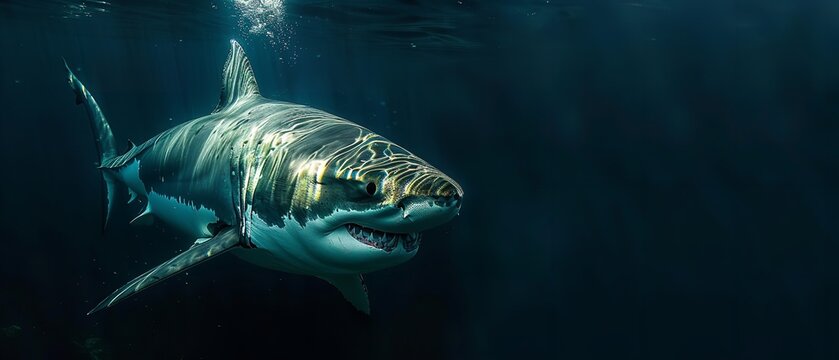 A lovely vast white shark floating in the dark, feral marine life, and the peril of gloom and space, Generative AI.