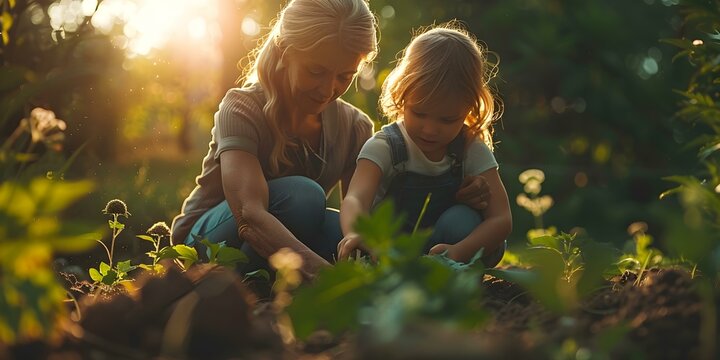 Generations bonding over gardening a grandmother and granddaughter planting flowers together. Concept Family bonding, Gardening, Inter-generational relationships, Nature connection - Powered by Adobe
