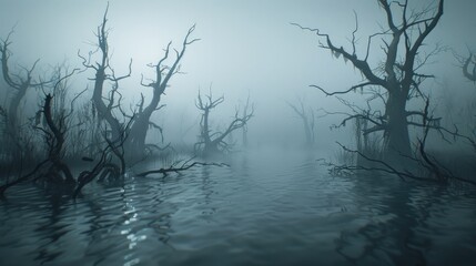 A dense fog envelops a dark swamp in the heart of autumn, with twisted, leafless trees casting...