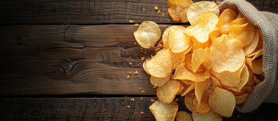 A sack of potato chips with a delicious crunch sits on a rustic wooden table. The golden chips are ready to be enjoyed as a tasty snack.