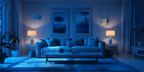 Modern minimalist interior with blue sofa on a blue color wall background. A blue couch with a blue leather sofa and a side table.

