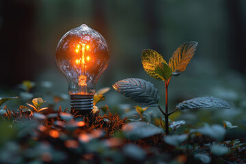 led bulb lit at night among the vegetation, renewable energies