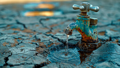 photograph of a faucet pouring water on a cracked and dry floor