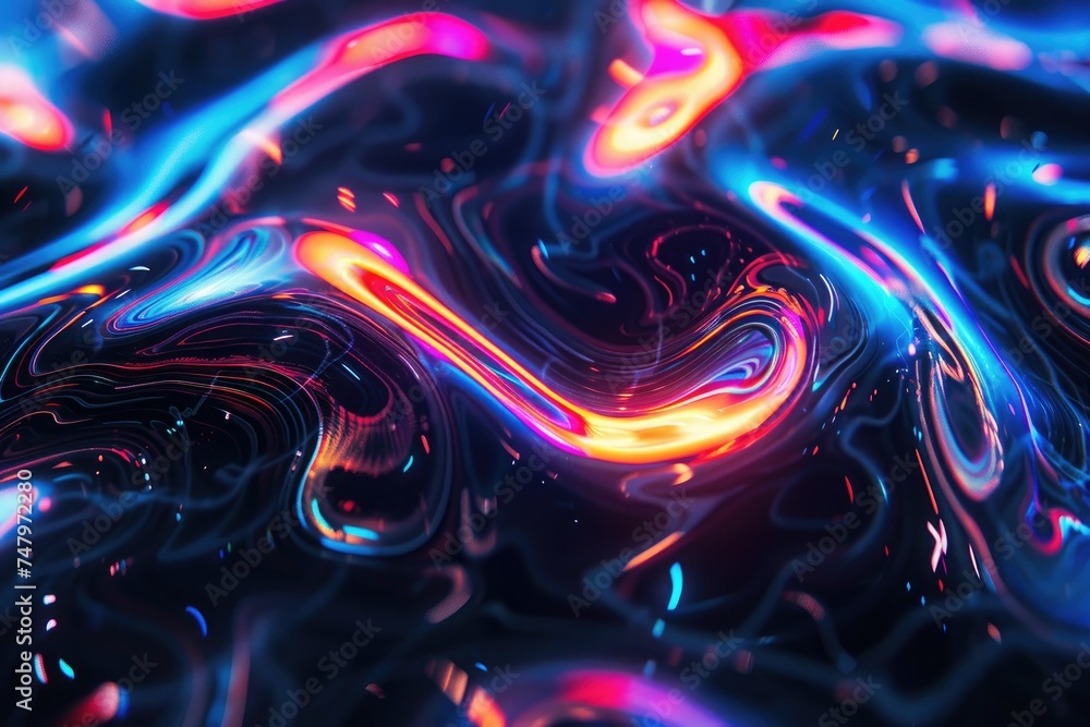 Poster close-up of a surreal, wavy marble pattern that glows with an iridescent neon spectrum.