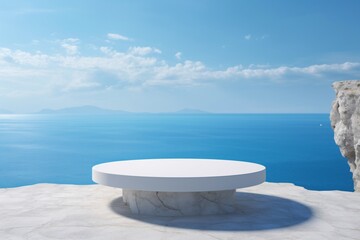a white platform on a concrete surface overlooking the ocean - obrazy, fototapety, plakaty