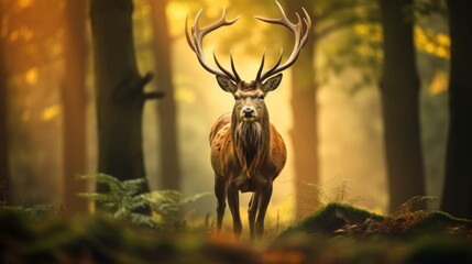 Beautiful deer standing in lush forest with copy space, blurred background for text overlay