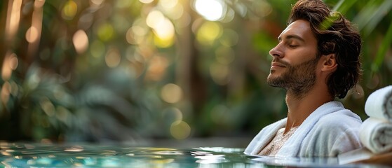 A man in a spa water relaxing with nature backdrop with a space for text or product, Generative AI.