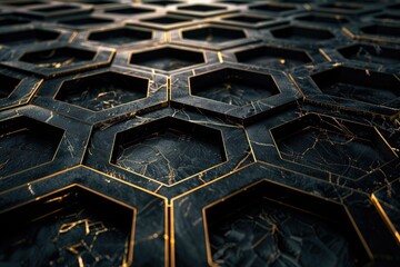 A detailed depiction of a labyrinthine arrangement of hexagons in black metal, with golden lines that outline a complex pathway. The image captures the intricate beauty 